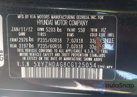 2012 Hyundai Santa Fe Se from USA, damaged, VIN 5XYZHDAG8CG125054